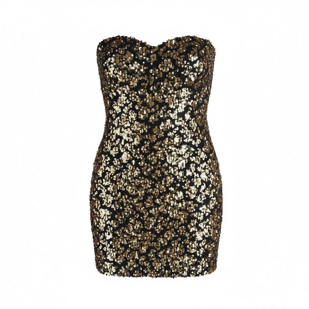 As U Wish Y2K Sequin Mini Dress Sm Black Gold Strapless Bodycon Party Homecoming